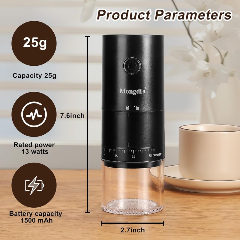 Mongdio Portable Electric Coffee Bean Grinder with 38 Adjustable Settings, Rechargeable Coffee Grinders for Home Use, Coffee Grinder for Travel - Black - Image 5